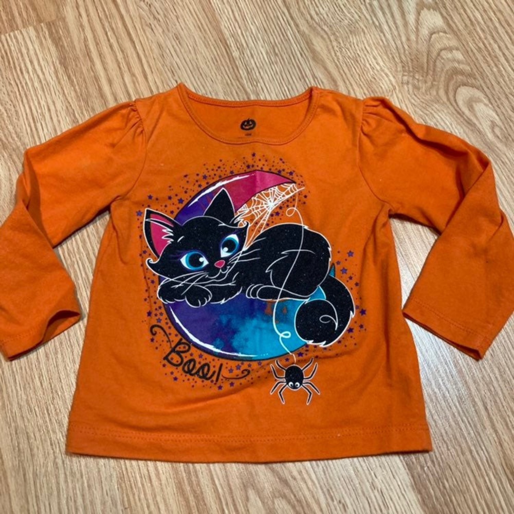 Halloween Toddler Girl Shirt 18M Orange Black Cat Moon Spider‎ Long Sleeve